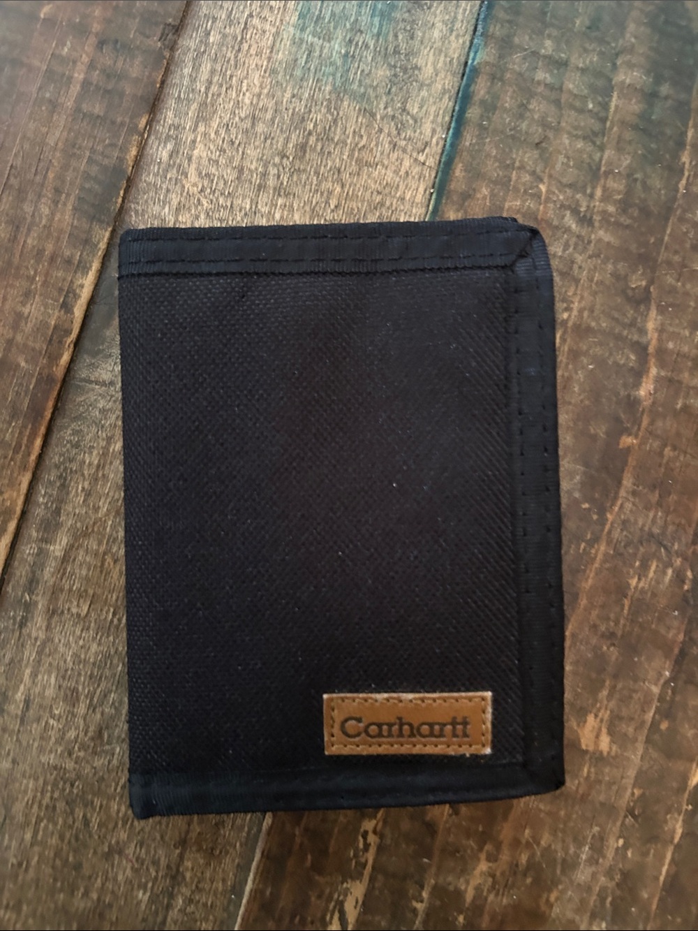 Carhartt Black Canvas Tri-Fold Wallet with Brown Logo Patch